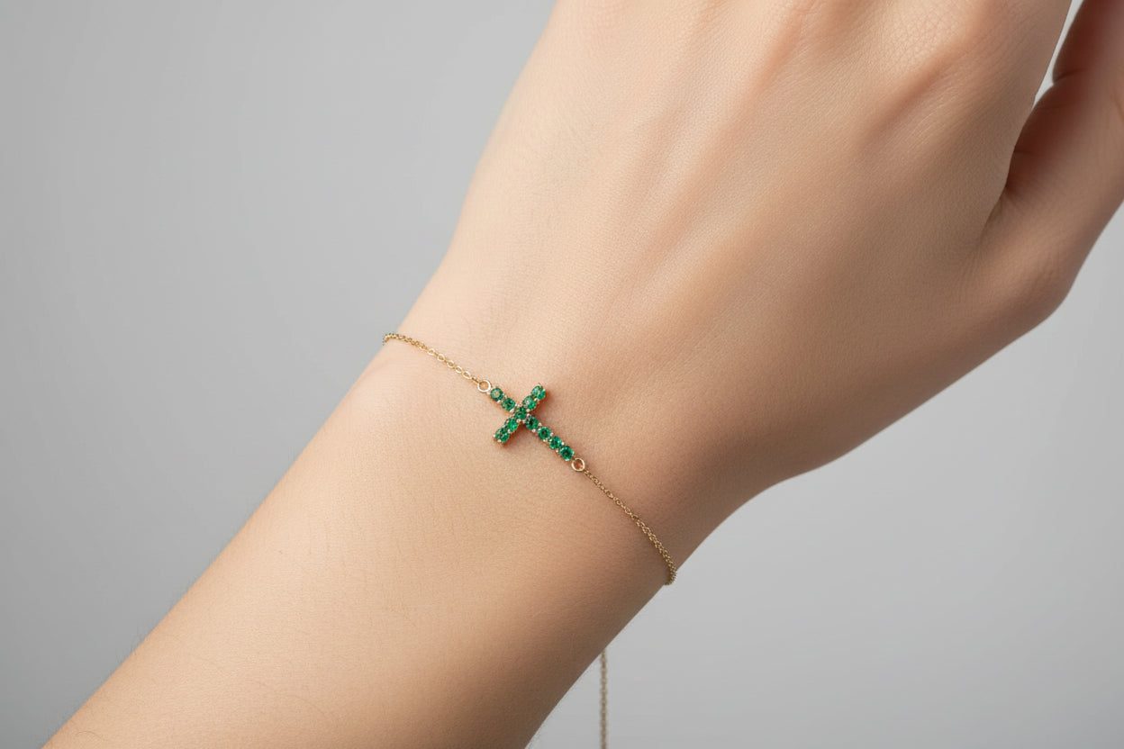 14K Yellow Gold Bracelet & Emerald Cross
