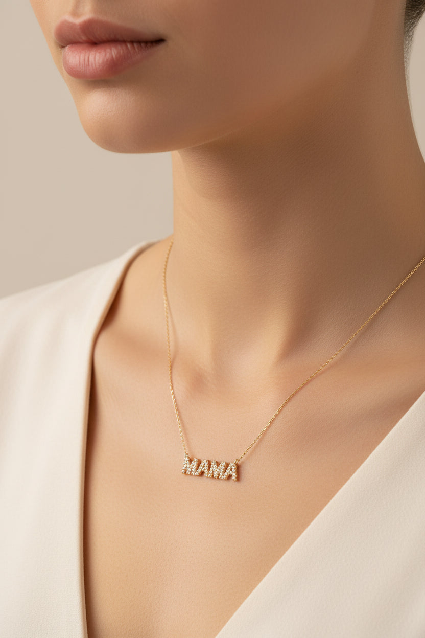 14K Yellow Gold “MAMA” Diamond Name Necklace