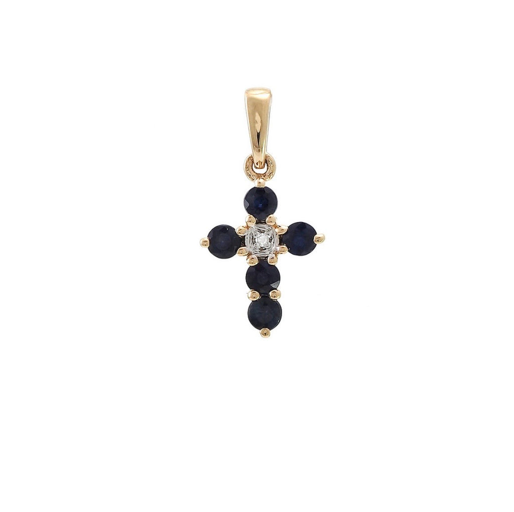 14K Yellow Gold Cross Pendant with Sapphires and Diamond