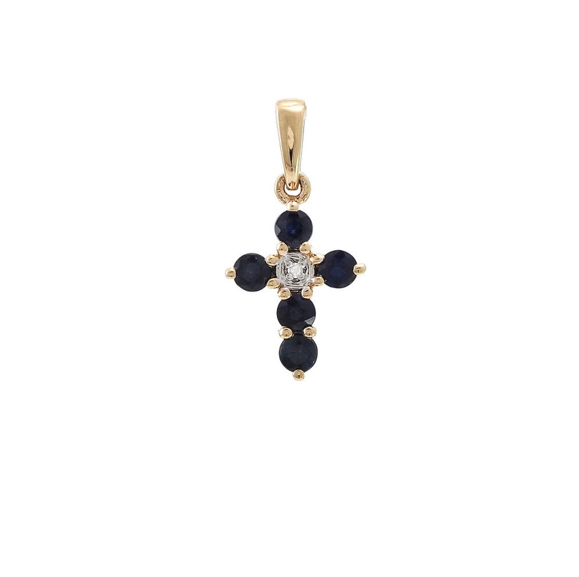 14K Yellow Gold Cross Pendant with Sapphires and Diamond