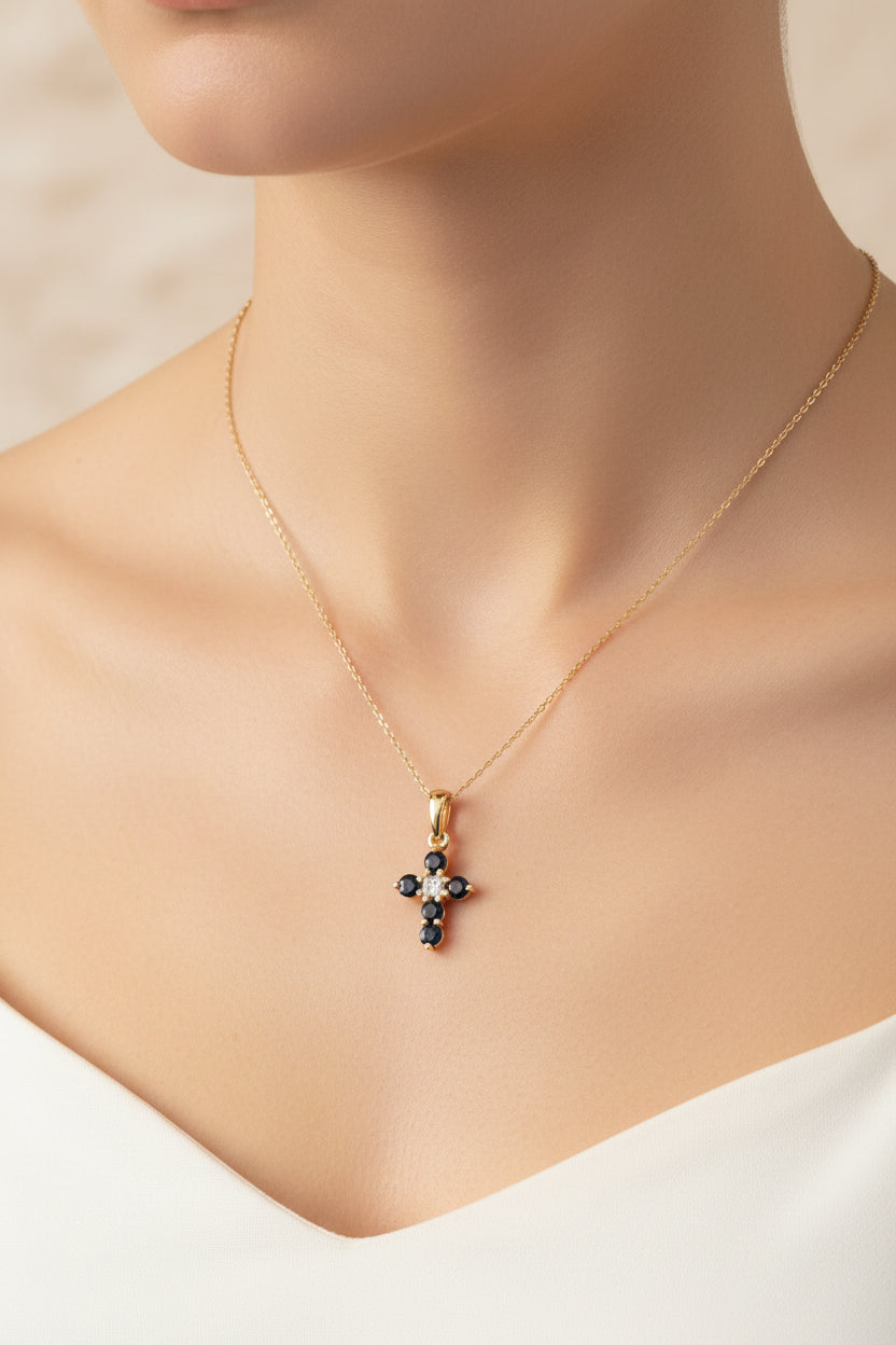 14K Yellow Gold Cross Pendant with Sapphires and Diamond