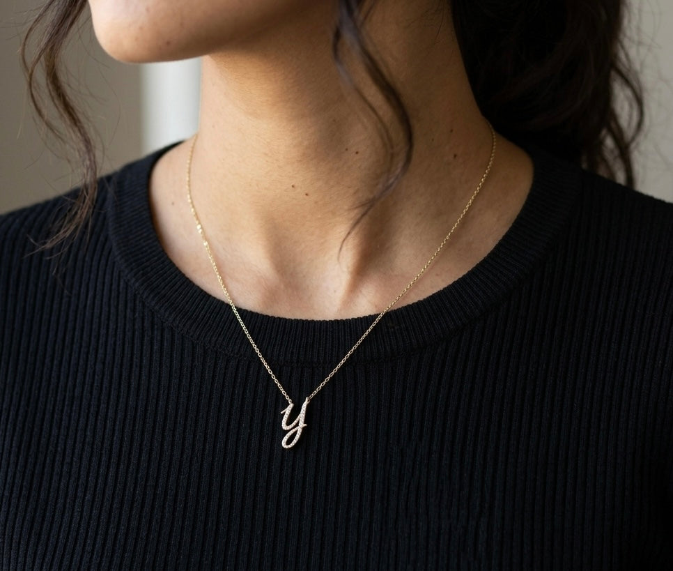 14K Yellow Gold Diamond Initial Necklace (A–Z)