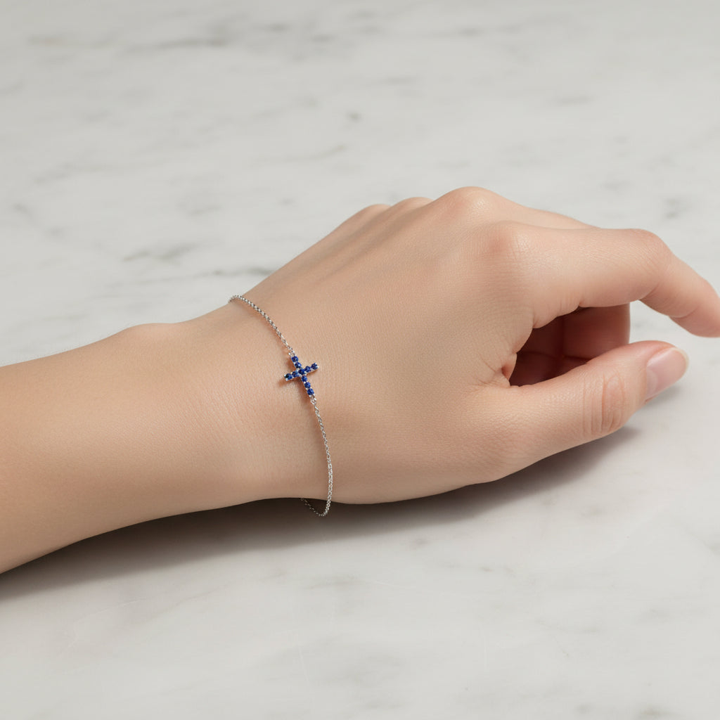 Sterling Silver Bracelet & Sapphire Cross