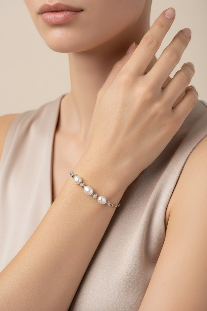 Sterling Silver Paperclip-Style Bracelet with Pearls
