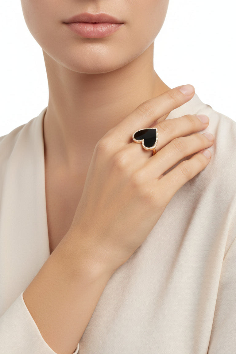 14K Yellow Gold Onyx & Diamond Heart Ring