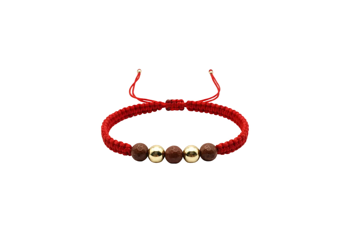 Handcrafted red macrame bracelet with 14K gold beads and brown aventurine stones