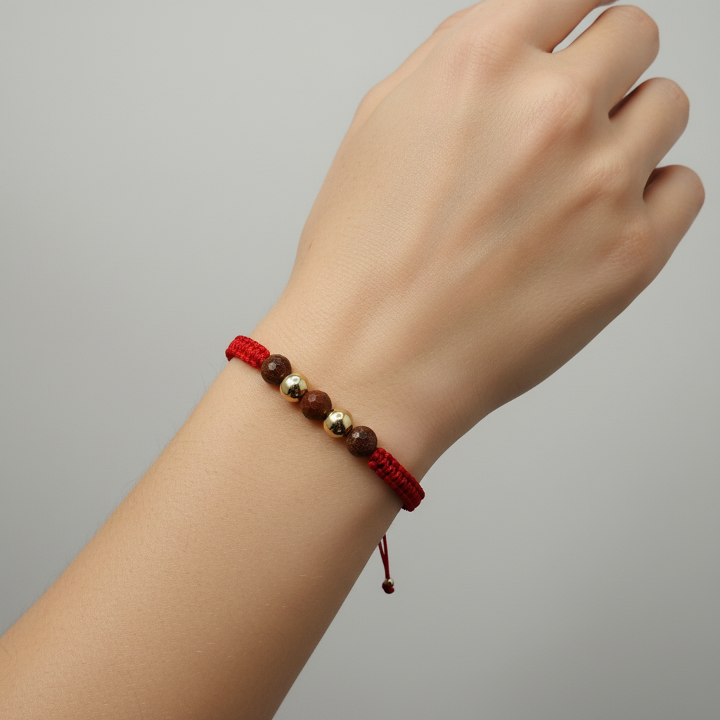 Handcrafted red macrame bracelet with 14K gold beads and brown aventurine stones